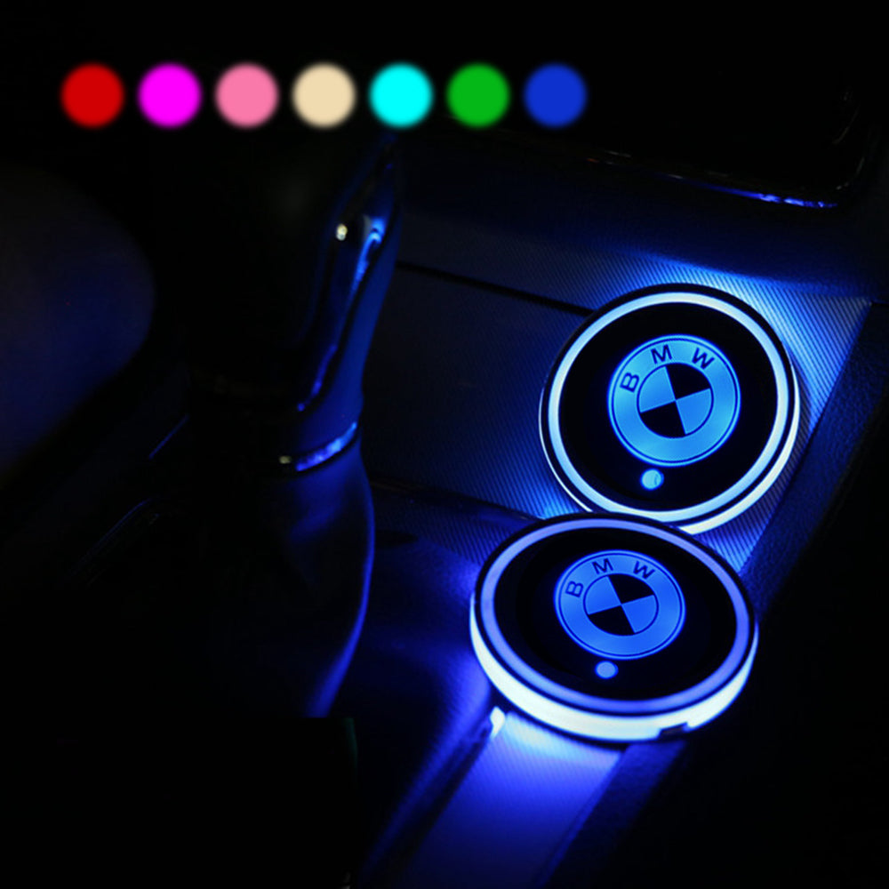 2PCS Car Cup Holder Mat Coaster Pad for BWM Logo Switchable 7 Color LED