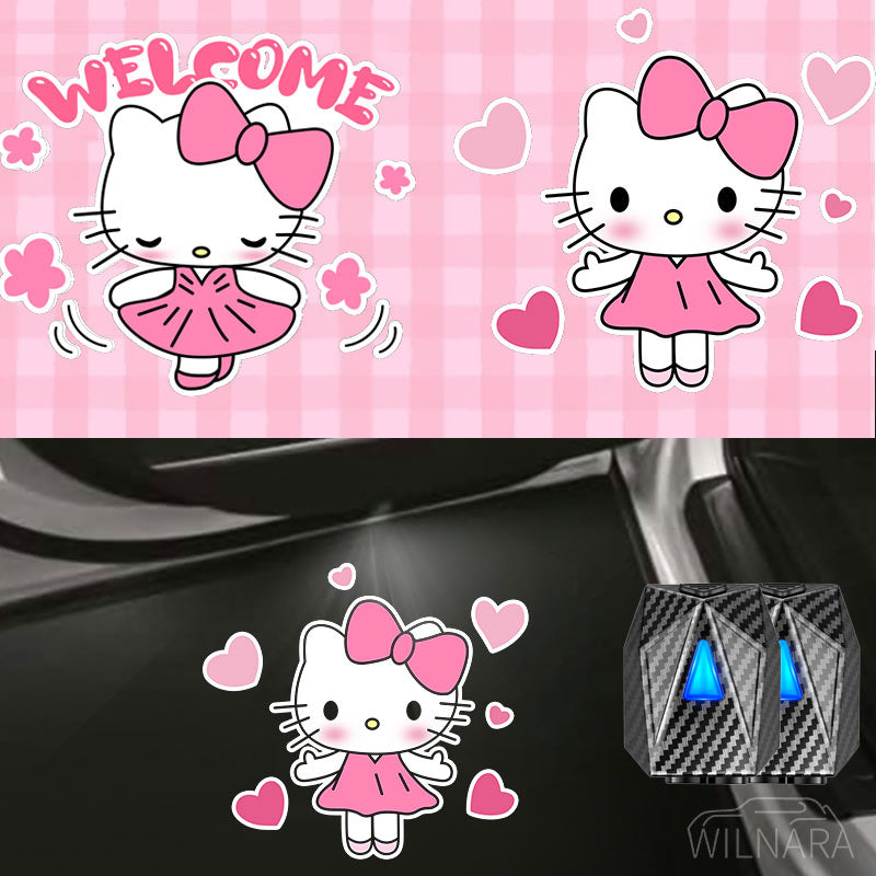 WILNARA Cartoon Wireless Car LED Door Light Walking Hellocat Kitty Logo Welcome Shadow Projector