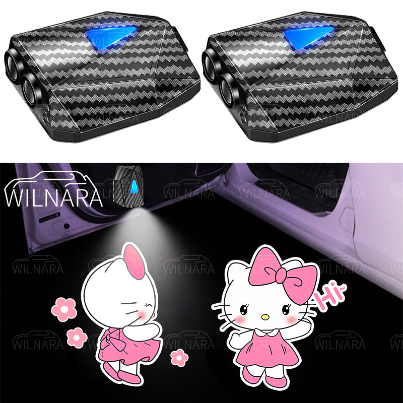 WILNARA 2X Moving Cartoon Wireless Car LED Door Light Doraemon Logo Welcome Shadow Projector